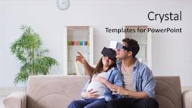  Presentation with virtual reality shooter - Colorful slide deck enhanced with game menu - young couple trying virtual reality backdrop and a light gray colored foreground