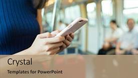  Presentation with train - Theme having game mobile - woman using cellphone inside train background and a  colored foreground