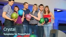 Presentation with bowling - Amazing slides having game rules - six friends stand near stand backdrop and a ocean colored foreground