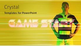  Presentation with game - Presentation design with game-start-text-and-glitch background and a yellow colored foreground