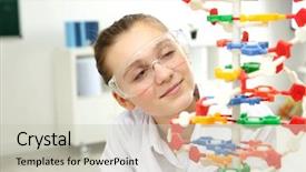  Presentation with girl model - Presentation theme with game testing - beautiful school girl studying dna background and a soft green colored foreground