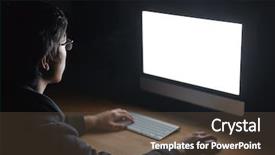  Presentation with computer room - Beautiful slides featuring game testing - concentrated young man in glasses backdrop and a tawny brown colored foreground