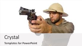 Presentation with gun - PPT layouts with treasure hunter - man with gun isolated background and a white colored foreground