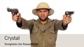  Presentation with gun - Colorful PPT theme enhanced with treasure hunter - man with gun isolated backdrop and a coral colored foreground