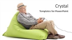  Presentation with green officebuilding man - Colorful PPT layouts enhanced with gamepad isolated on white background backdrop and a white colored foreground