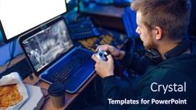  Presentation with family playing board game - Audience pleasing presentation theme consisting of gamer with joystick playing videogame on console backdrop and a navy blue colored foreground