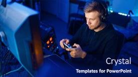  Presentation with family playing board game - Presentation featuring gamer with joystick playing videogame on console background and a navy blue colored foreground