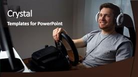  Presentation with car racing - Colorful PPT layouts enhanced with games wheels - technology gaming entertainment and people backdrop and a dark gray colored foreground