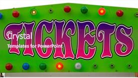  Presentation with ticket - Colorful PPT layouts enhanced with games wheels - ticket sign backdrop and a violet colored foreground