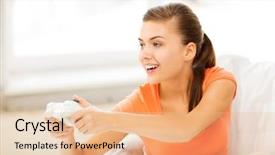  Presentation with video gaming - Audience pleasing PPT theme consisting of gaming pc - picture of happy woman backdrop and a lemonade colored foreground