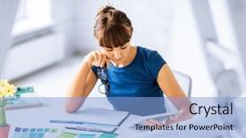  Presentation with color - PPT theme having gamma - woman working with color samples background and a  colored foreground