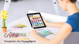  Presentation with color naranjo y blanco - Slide set consisting of gamma - woman working with color samples background and a  colored foreground