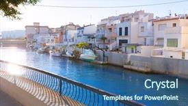  Presentation with port - Colorful presentation design enhanced with gandia port puerto valencia in sunset mediterranean spain backdrop and a ocean colored foreground