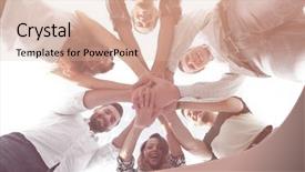  Presentation with business team join hands white - Beautiful PPT theme featuring gang - business team with hands clasped backdrop and a lemonade colored foreground