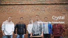  Presentation with brick - Amazing slide deck having gang - group of hooligans or rappers backdrop and a coral colored foreground