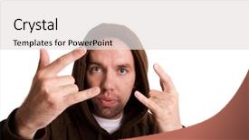 Presentation with cyber crime hood and mask - Presentation theme enhanced with gang signs - adult with hood isolated background and a light gray colored foreground
