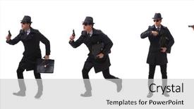  Presentation with spy man - Beautiful PPT theme featuring gangsta - man spy with handgun isolated backdrop and a light gray colored foreground