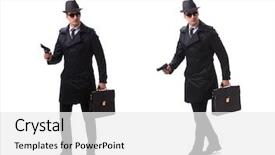  Presentation with spy man - Beautiful presentation theme featuring gangsta - man spy with handgun isolated backdrop and a white colored foreground