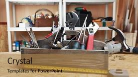  Presentation with workshop tools - Amazing PPT theme having garage orginization - workshop tools backdrop and a coral colored foreground