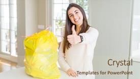  Presentation with container - Amazing presentation theme having rubblish - beautiful young woman taking backdrop and a soft green colored foreground