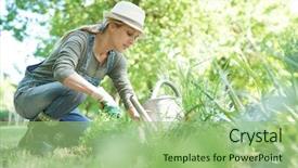  Presentation with gardening - Audience pleasing theme consisting of garden - blond woman with hat gardening backdrop and a mint green colored foreground
