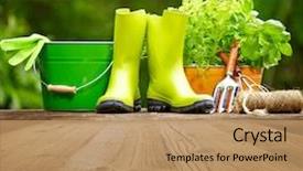  Presentation with wood tools - Cool new slide deck with garden - outdoor gardening tools on old backdrop and a coral colored foreground