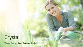  Presentation with container gardening - PPT theme featuring garden - smiling blond woman gardening background and a soft green colored foreground
