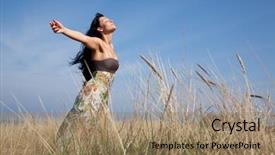  Presentation with blue flower bulb field - Slide set having garden free - carefree woman standing in field background and a  colored foreground