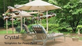  Presentation with under umbrella - Colorful PPT layouts enhanced with garden furniture - lounge chairs under patio umbrella backdrop and a coral colored foreground