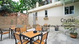  Presentation with stylish peacock feather - Presentation design consisting of garden furniture - stylish outdoor terrace background and a coral colored foreground