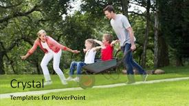  Presentation with never give up children - Beautiful slide set featuring garden games - parents giving children ride backdrop and a yellow colored foreground
