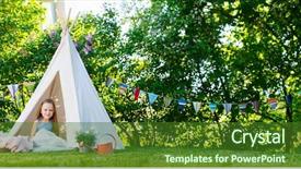  Presentation with kids garden - Colorful presentation design enhanced with garden kids - adorable little girl having fun backdrop and a forest green colored foreground