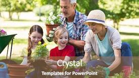  Presentation with family day - Theme featuring garden land - happy family gardening background and a coral colored foreground