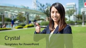  Presentation with green thumb garden - Slides consisting of garden planner - businesswoman showing thumb up background and a yellow colored foreground