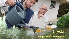  Presentation with older woman - PPT layouts with garden services - young man watering plants background and a tawny brown colored foreground