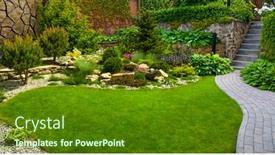  Presentation with botanical garden - Amazing PPT theme having garden-stone-path-with-grass backdrop and a tawny brown colored foreground