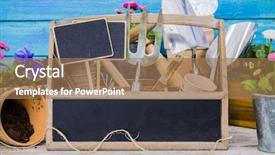  Presentation with garden tools - Slides having garden tools flowers and seeds on a wooden background background and a coral colored foreground