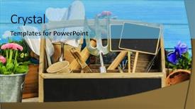  Presentation with garden tools - Presentation design having garden tools flowers on a wooden background background and a light blue colored foreground