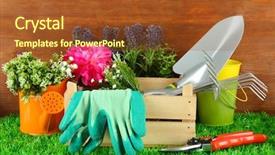  Presentation with garden tools - Presentation design consisting of garden tools on grass background and a tawny brown colored foreground
