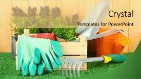  Presentation with garden tools - Presentation consisting of agriculture equipment - garden tools on grass background and a yellow colored foreground