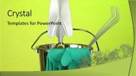  Presentation with garden tools - Colorful slide set enhanced with garden tools on lawn on bright colorful background close-up backdrop and a yellow colored foreground