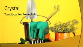  Presentation with garden tools - PPT layouts featuring garden tools on lawn on bright colorful background close-up background and a yellow colored foreground