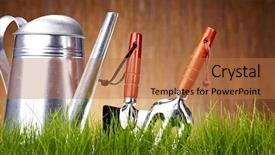  Presentation with garden tools - Presentation theme consisting of garden tools on wooden wall background and a  colored foreground