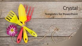  Presentation with garden tools - Colorful presentation design enhanced with garden tools with flower on wooden table background with copy space backdrop and a coral colored foreground