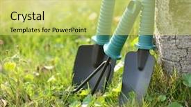  Presentation with garden tools - Audience pleasing PPT layouts consisting of ground handling agriculture shovel - garden tools backdrop and a yellow colored foreground