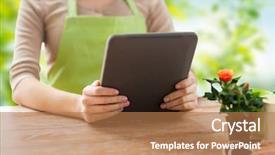  Presentation with green technology - Presentation theme having gardener holding tablet pc computer background and a coral colored foreground