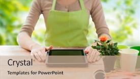  Presentation with green technology - Presentation design featuring gardener holding tablet pc computer background and a coral colored foreground