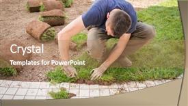  Presentation with lawn and garden - Slide set enhanced with gardener installing natural grass turfs background and a coral colored foreground