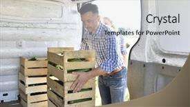  Presentation with loading - Amazing PPT theme having gardener loading vegetables in truck backdrop and a  colored foreground