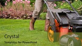  Presentation with lawn and garden - Beautiful PPT layouts featuring gardener mowing the lawn backdrop and a gold colored foreground